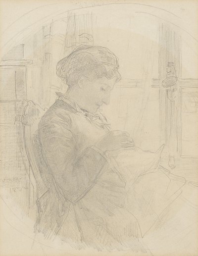 Strickende Frau vor einem Fenster von Albert Anker